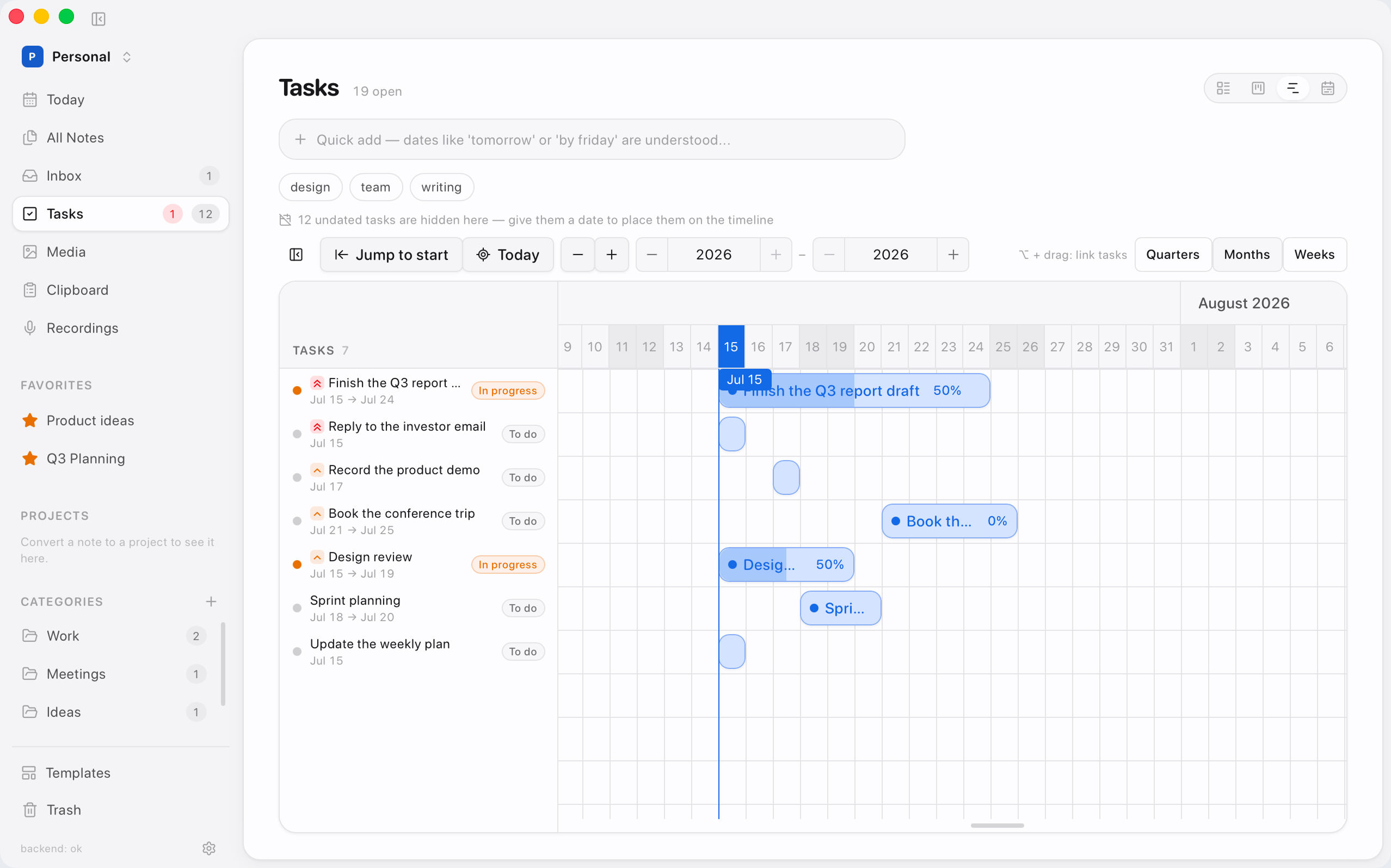 Gantt timeline with task bars synced to calendar dates