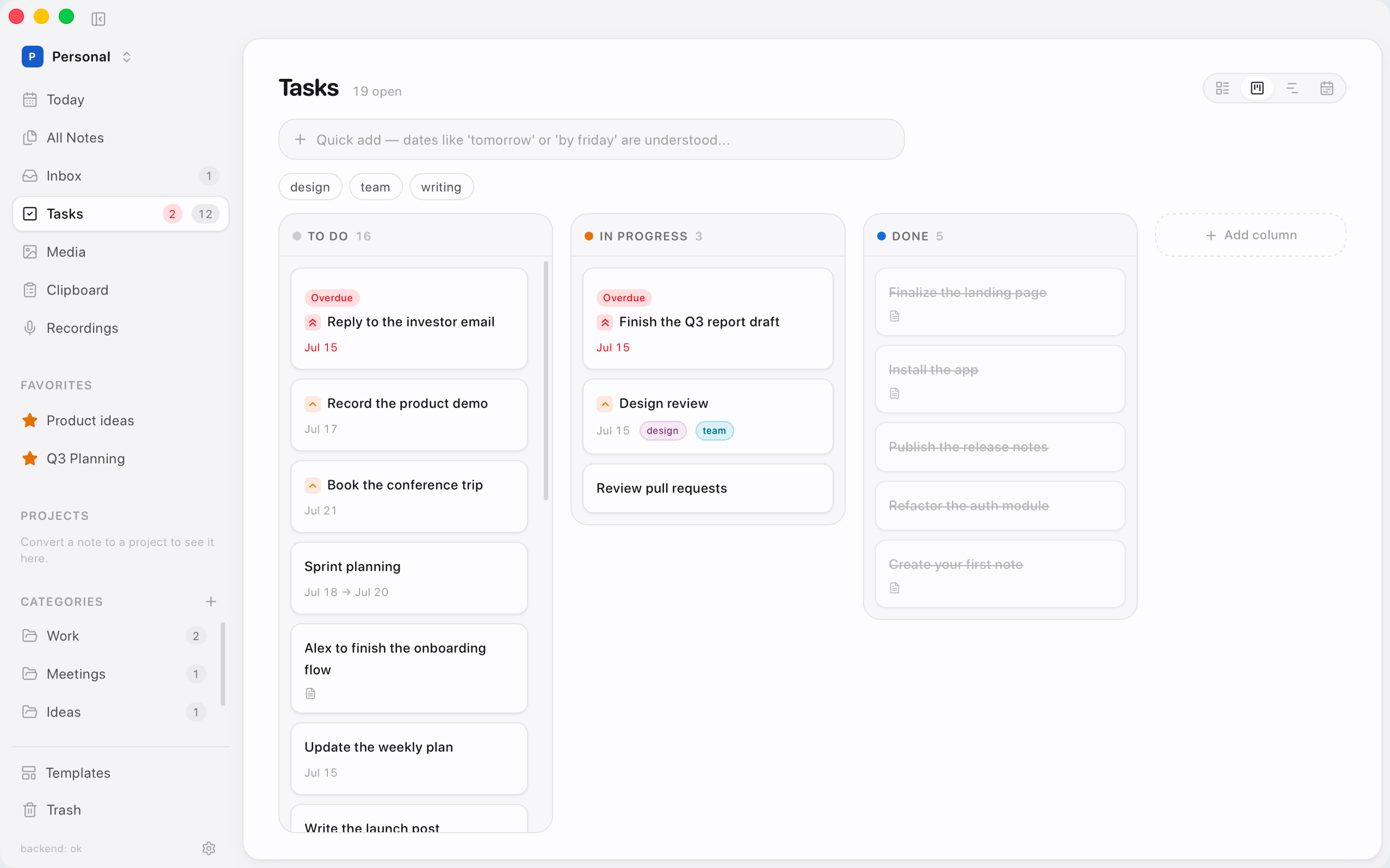Context Note Kanban board with tasks across columns
