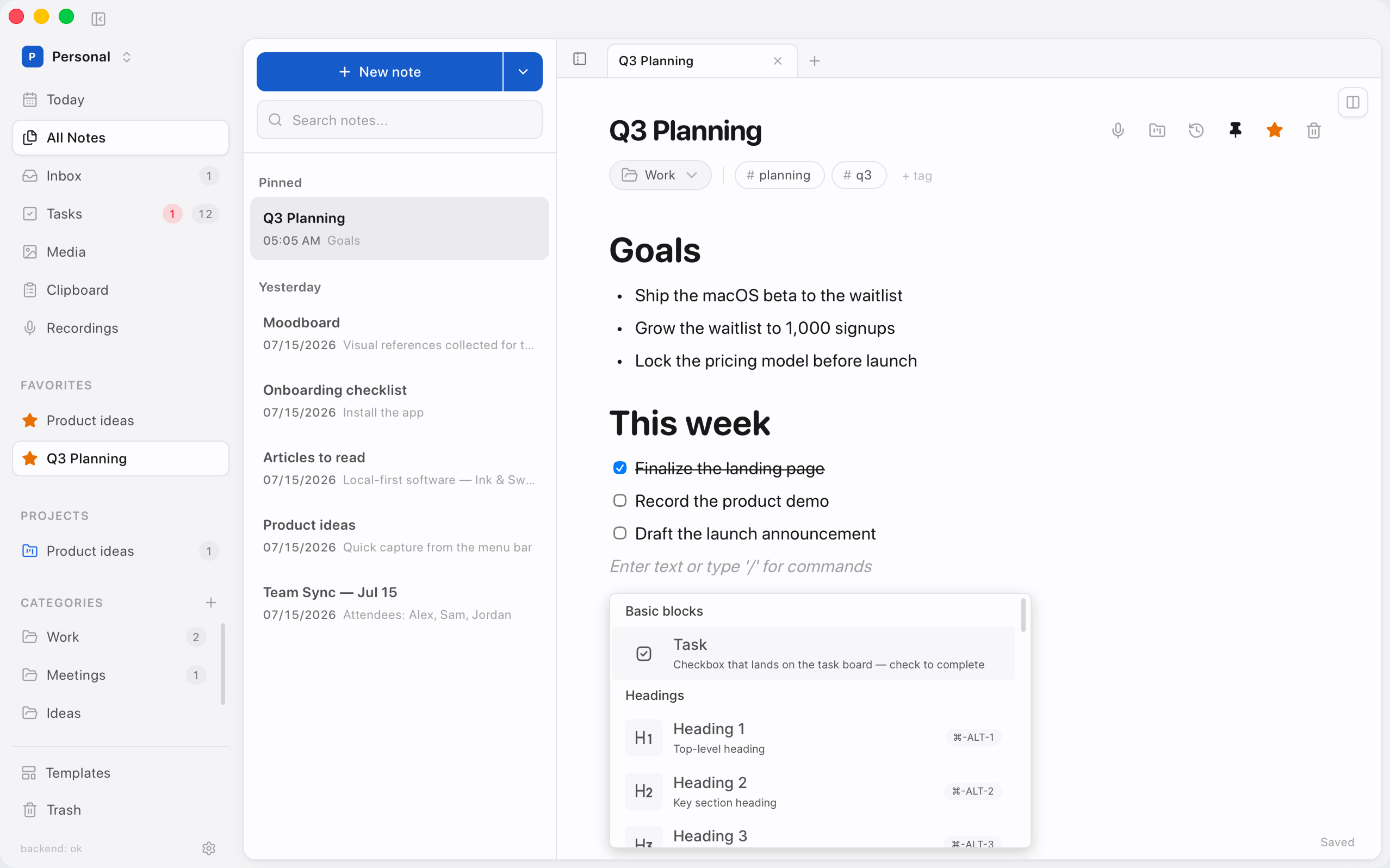 Markdown editor with Q3 Planning note
