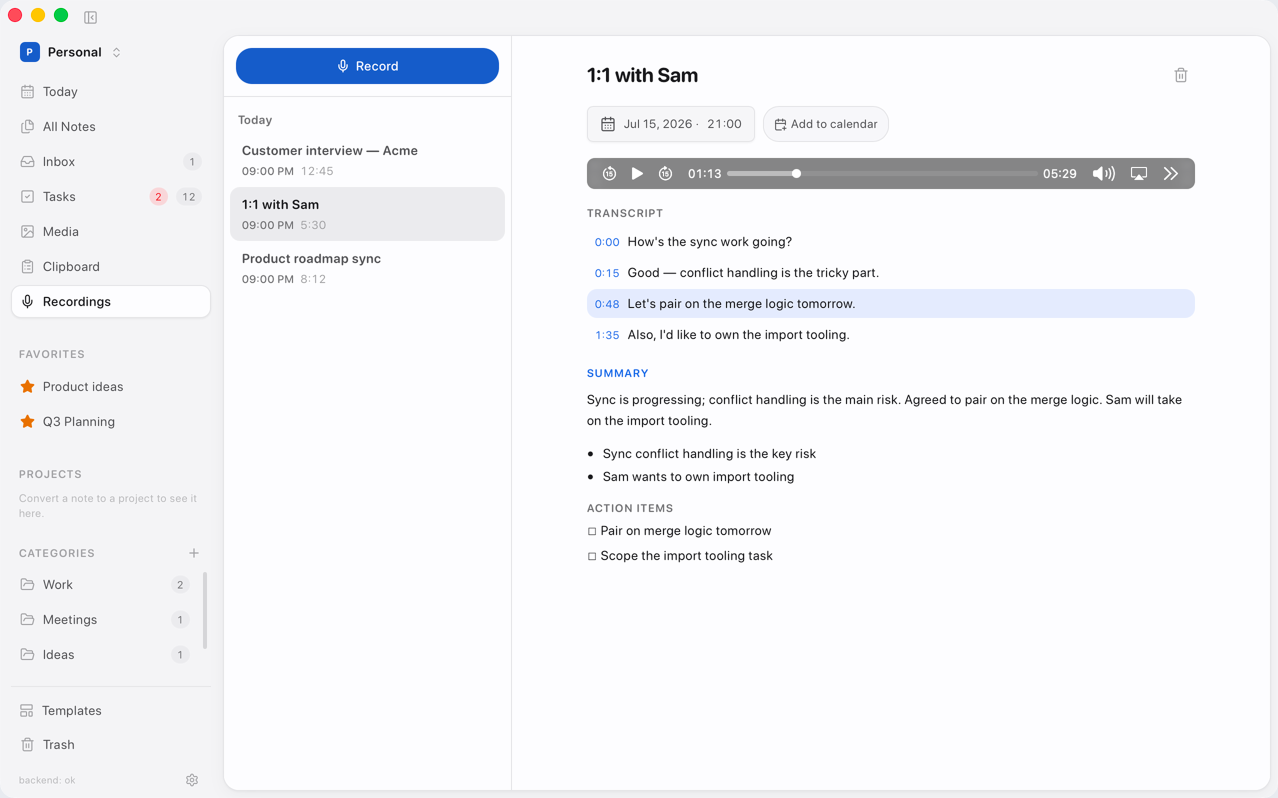 Meeting recording with transcript, AI summary and action items