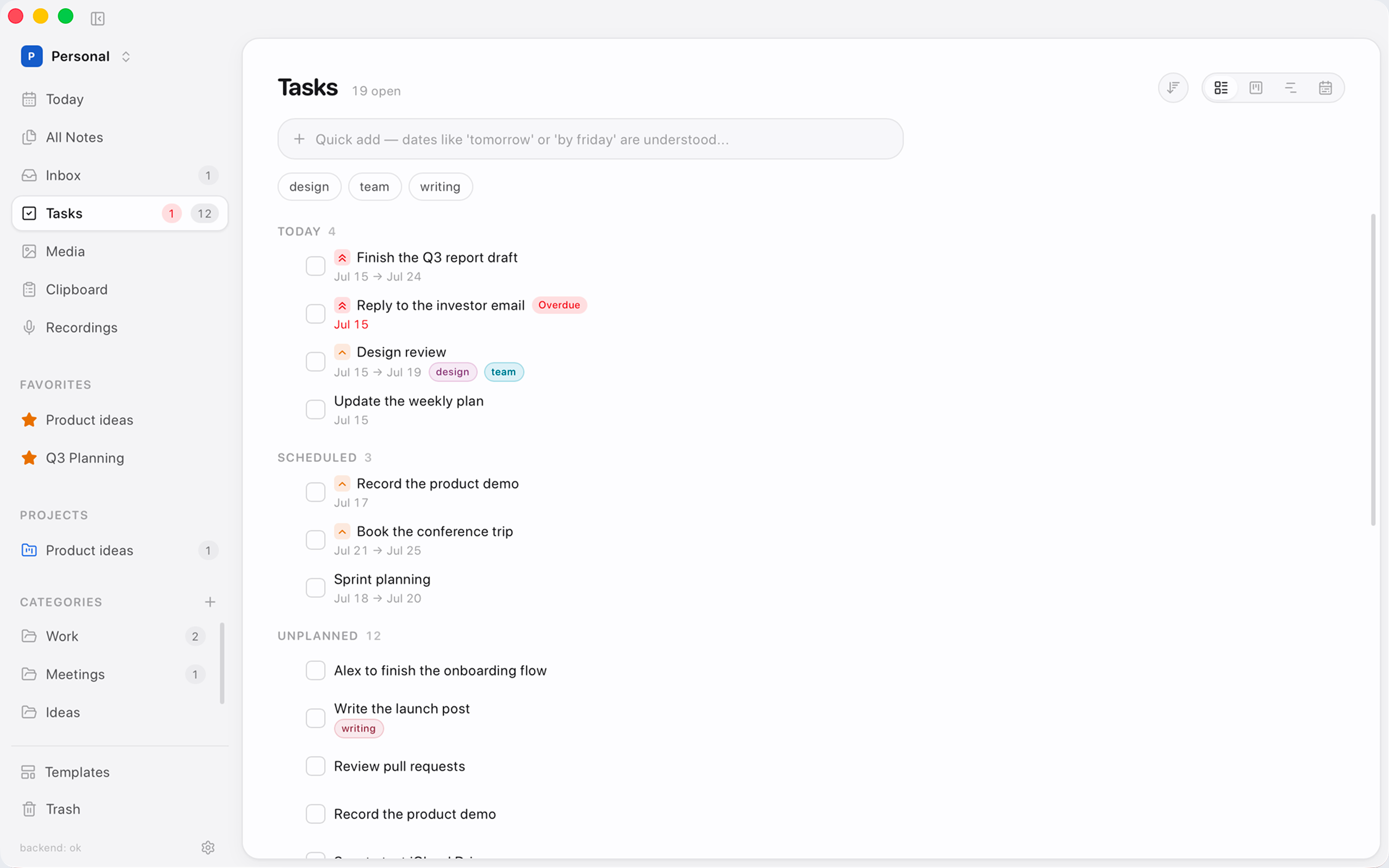 Tasks list view